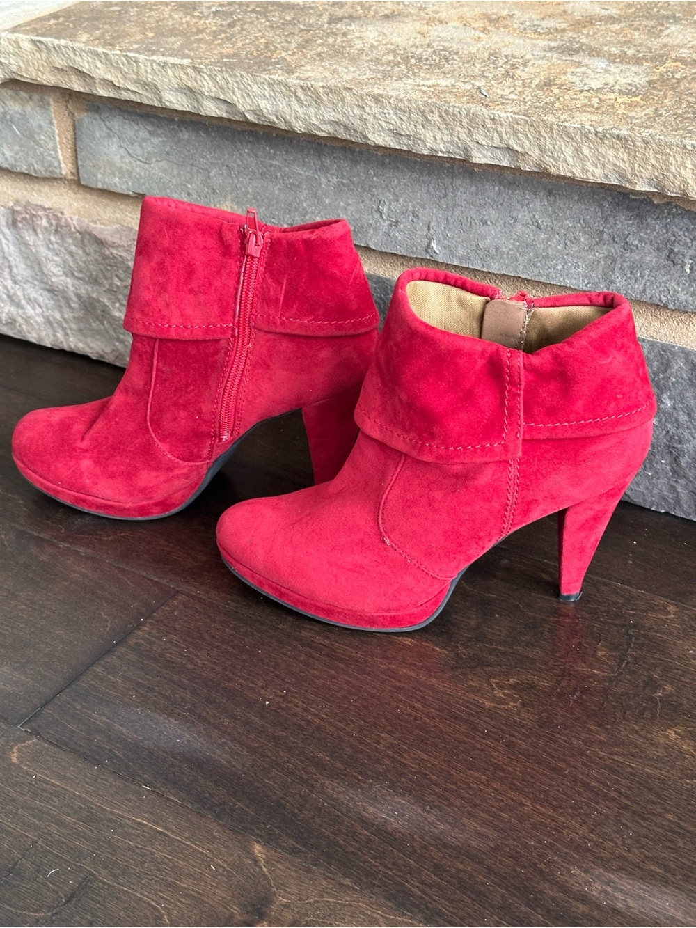 x-appeal Red Suede Fold-Over Ankle Booties